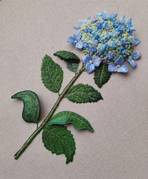 A blue hydrangea flower is made by hand.