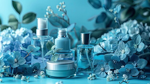 Photo blue hydrangea flowers and bottles of perfume on blue background