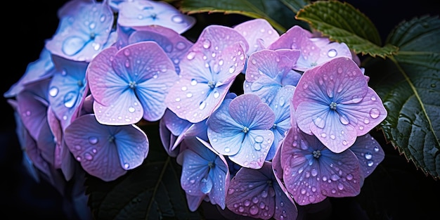 Blue Hydrangea Hydrangea macrophylla or Hortensia flower with dew in slight color variations ranging from blue to purple Focus on middle right flowers
