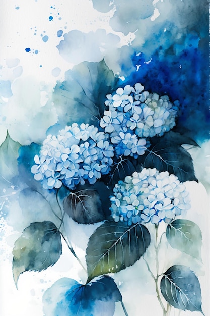A blue hydrangea painting with a blue background