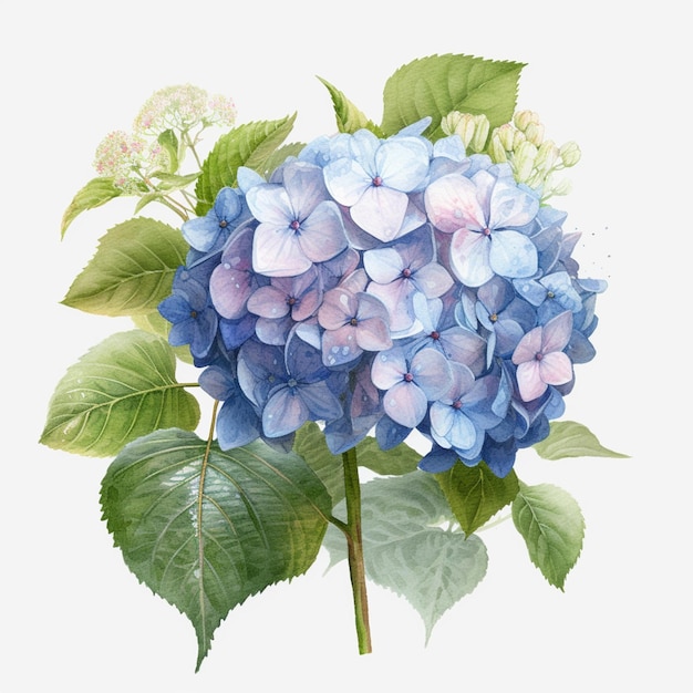 A blue hydrangea with green leaves and a white background