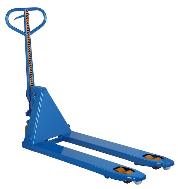 Blue hydraulic  fork hand pallet truck isolated on white background