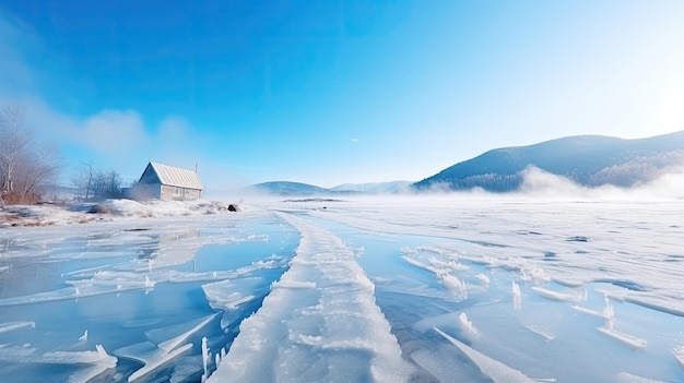 Blue ice and cracks on the surface of the ice Frozen lake under a blue sky in the winter