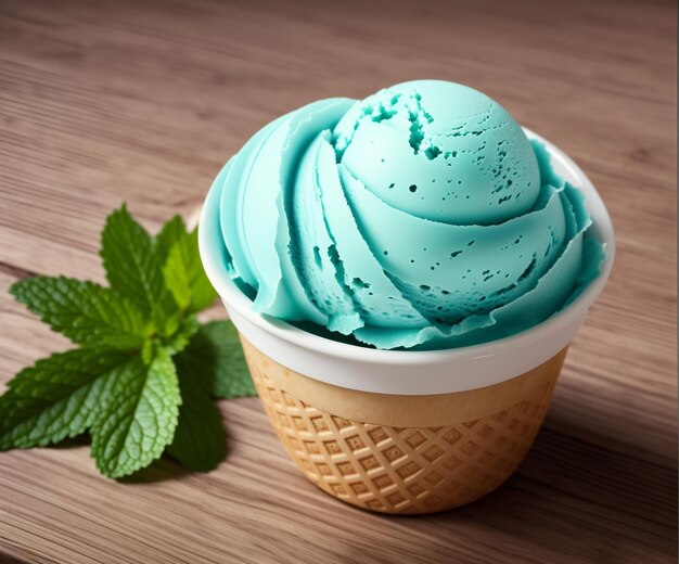 Blue Ice cream cone and mint leaves on the side on a wooden table