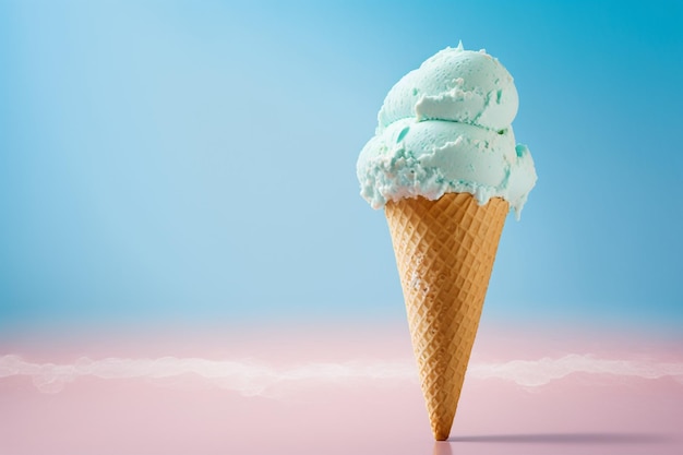 A blue ice cream cone with a pink background