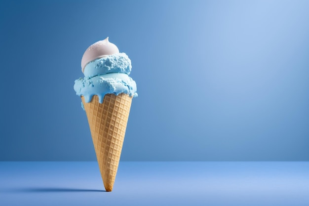 A blue ice cream cone with a scoop of blue ice cream on a blue background