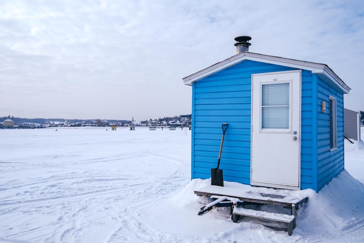 Photo blue ice fishing hut on the frozen saguenay fjord in la baie, quebec (canada) on a winter day