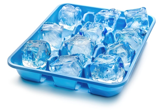 Blue ice tray with ice on white background