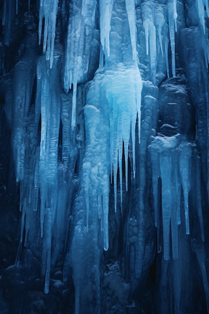 Foto parete di ghiaccio blu con ghiaccioli e rocce accidentate