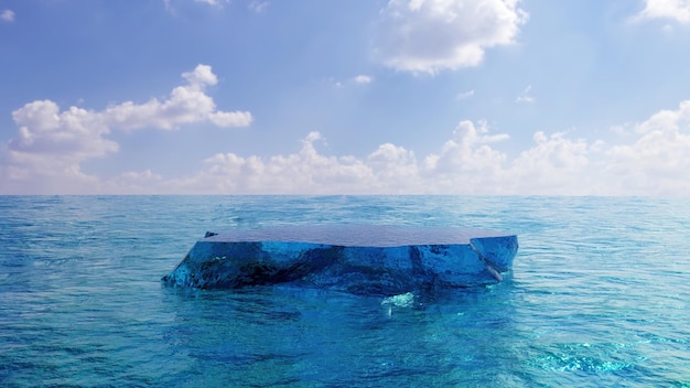 海の表彰台製品の青い氷山は、氷の水と空のモックアップ3Dレンダリングを表示します