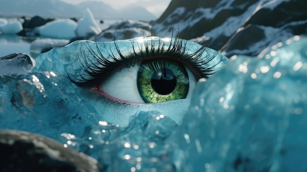 A blue iceberg with a blue eye and the word ice on it