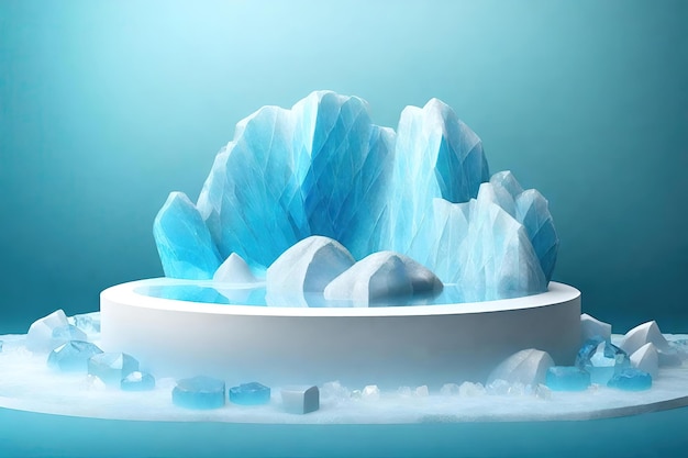 A blue iceberg with ice floating in the water.