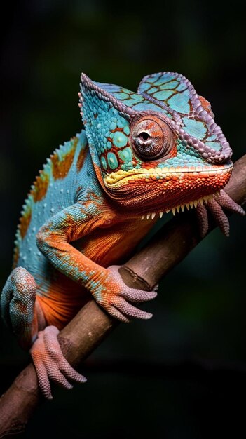 a blue iguana with orange and blue colors on its head