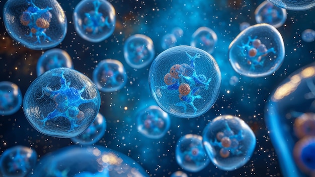 写真 目に見える核と細胞質を持つ浮遊する細胞の群れの青いイラスト