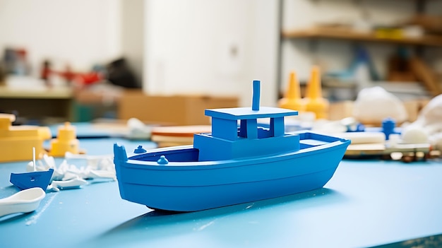 Синий промышленный прототип пластилина сидит на белом столе 3d принтер