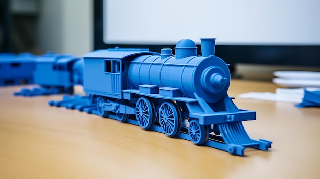 Foto prototipo di plastilina industriale blu seduto su stampante 3d tavolo bianco