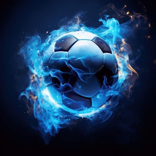 Blue inferno wraps around a soccer ball in a smoky backdrop