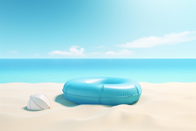 A blue inflatable in the sand with a white seashell on it.