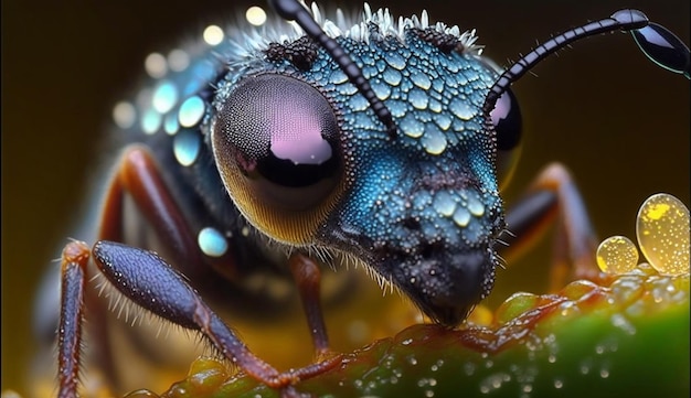 A blue insect with blue eyes and blue spots sits on a green plant.