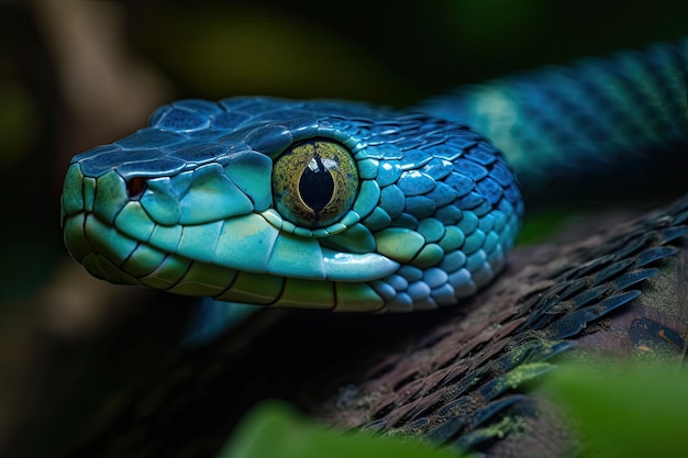 青い insularis クローズ アップの顔を持つバイパー ヘビ Trimeresurus Insularis と動物