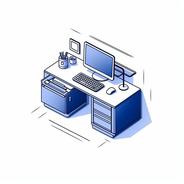 Photo blue isometric home office on white