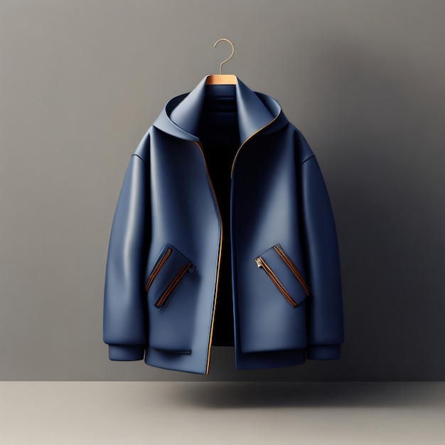 A blue jacket hanging on a hanger with the word " on it.