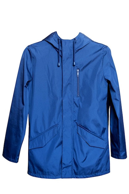 A blue jacket with a hood and a logo on the front