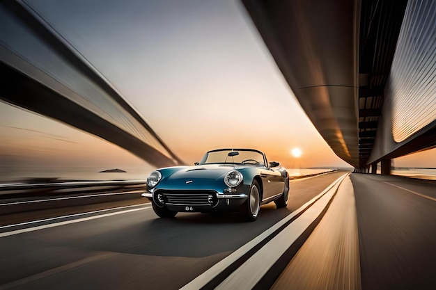A blue jaguar sports car drives down a bridge with the sun setting behind it.
