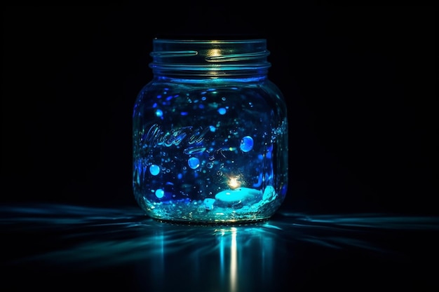 A blue jar with a blue light that says blue on itGenerative ai