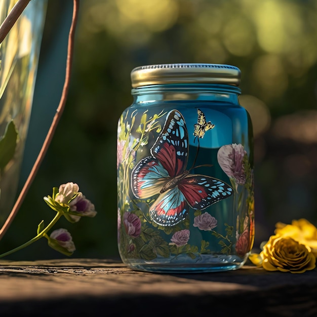 A blue jar with a butterfly painted on it sits on a wooden surface.