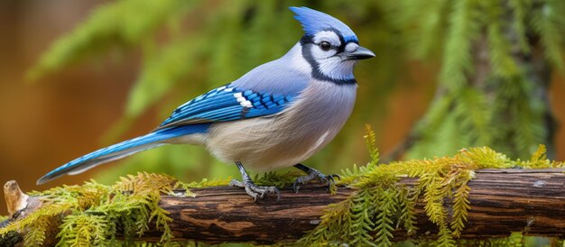 Blue Jay bird perched on a pine tree branch