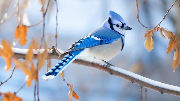 Photo the blue jay is a vibrant bird with bright blue and and white feathers it has a crest on its head