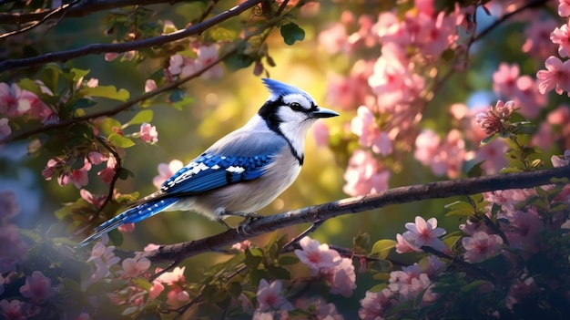 A blue jay sits on a branch of a cherry tree.