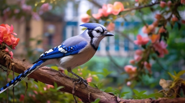 A blue jay sits on a branch in front of a pink flower.