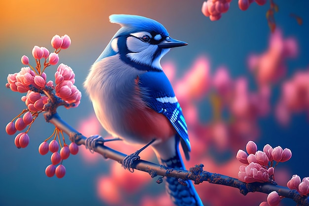 A blue jay sits on a branch with pink flowers.