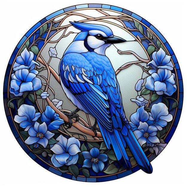 Blue Jay in Stained Glass Style