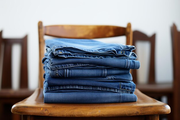 Blue jeans neatly stacked on a chair ready for use