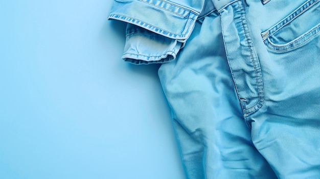 Фото Голубые джинсы на голубом фоне джинсы сложены, а задние карманы видны. изображение хорошо освещено, а цвета яркие.