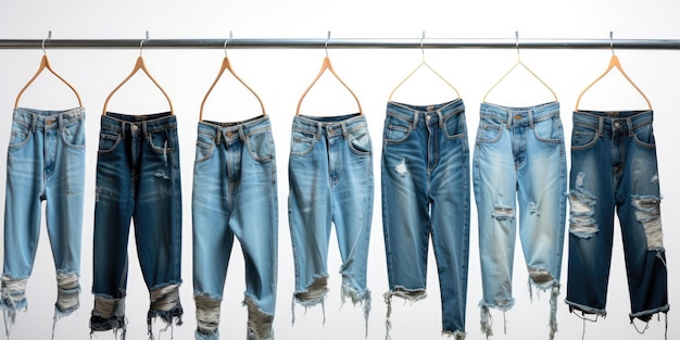 Photo blue jeans shirt and shorts jeans on hanging and blue torn jeans isolated