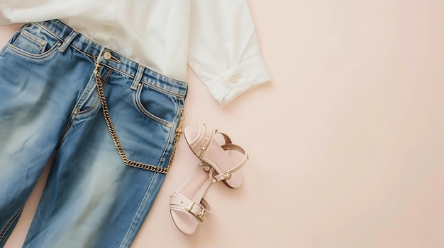 Photo blue jeans white shirt pink heeled sandals small cross body bag with chain strap je generative ai