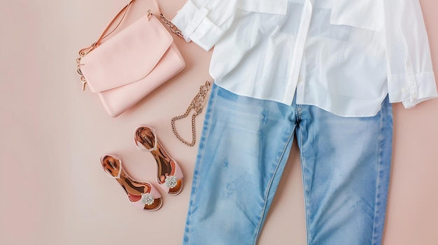 Photo blue jeans white shirt pink heeled sandals small cross body bag with chain strap je generative ai