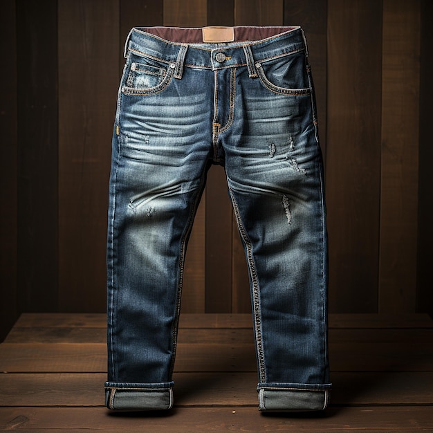 Blue jeans with wood background photo