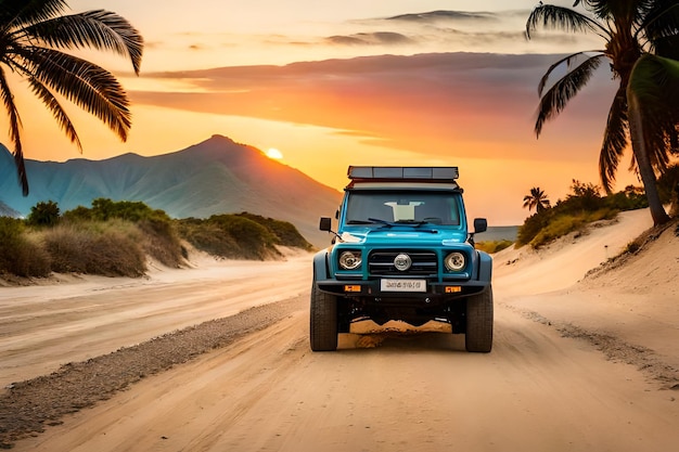 A blue jeep is driving on a dirt road with a mountain in the background.