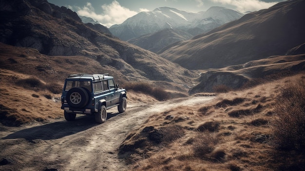 A blue jeep on a mountain road with mountains in the background