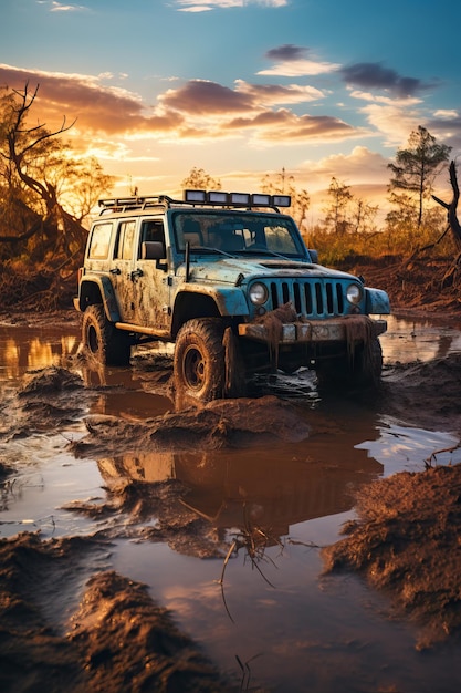 a blue jeep in a muddy area