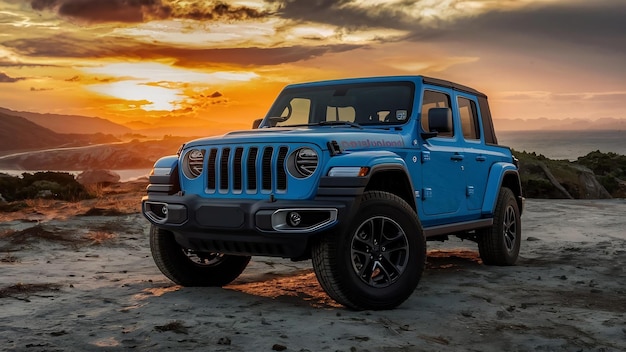 A blue jeep photo shooting in the sunset