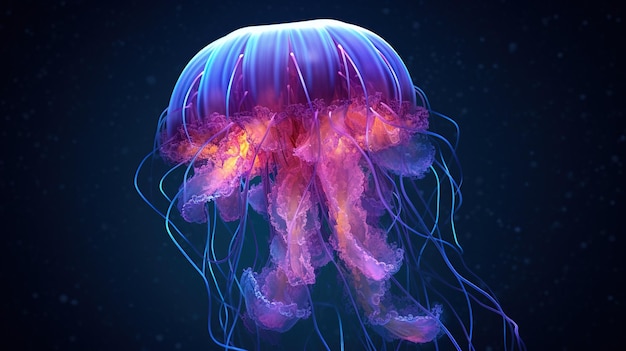 A blue jellyfish is floating in the dark.