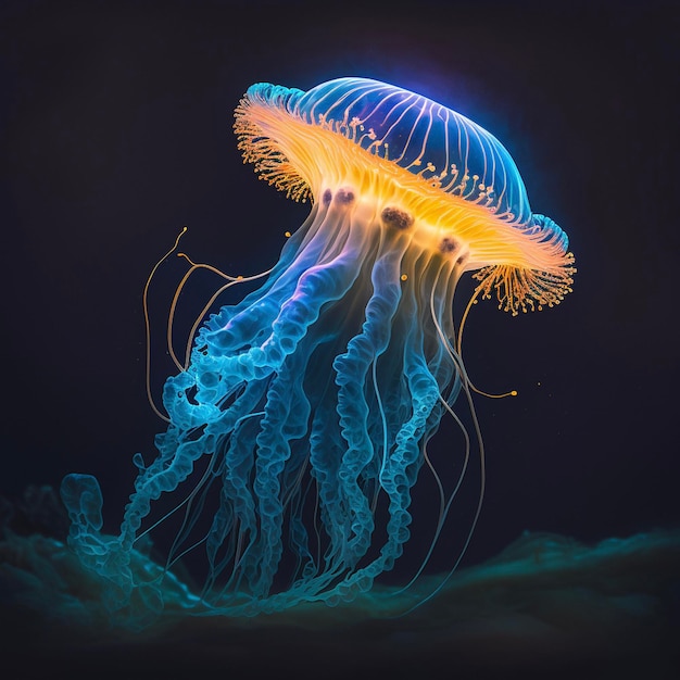 A blue jellyfish is lit up in a dark background.