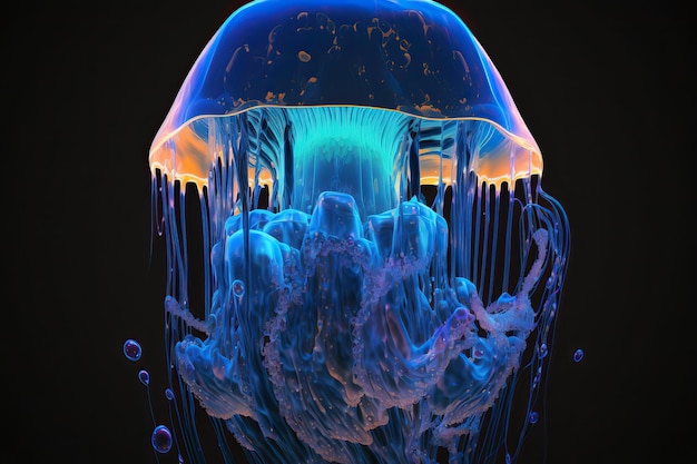 A blue jellyfish is shown in a black background.