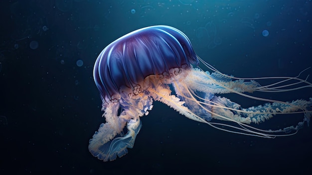 A blue jellyfish is shown in a dark blue background.